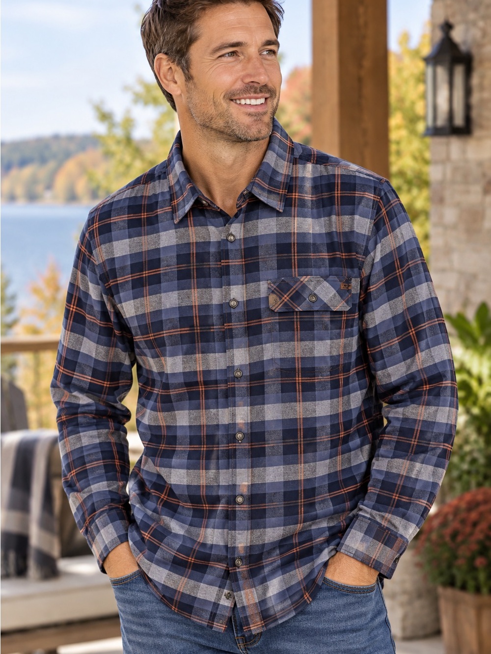 Legendary Whitetails Navy, Gray and Orange Plaid Button-Down Shirt